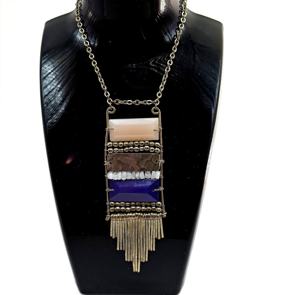 Noonday Collection Necklace Long Pendant Fringe Boho Geometric Statement 32 Inch